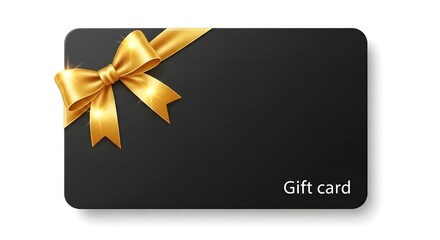 Black gift card with golden ribbon isolated on white background