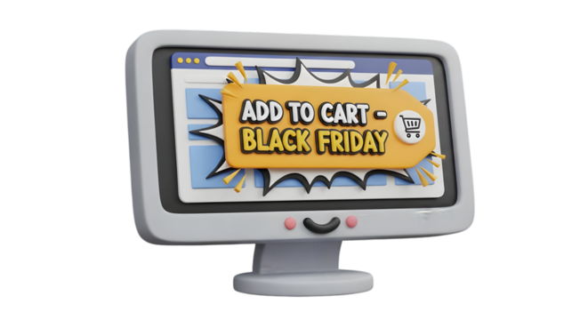 Exciting Black Friday online shopping deals beckon with an 'Add to Cart' button on a cheerful computer screen
