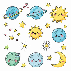 Kawaii Solar System with Bright Happy Faces © Kawaii