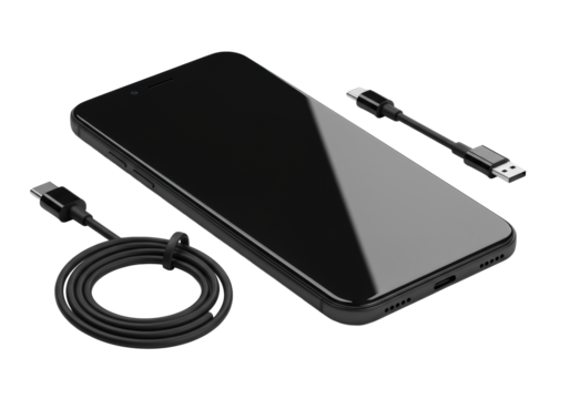 Sleek, modern black smartphone with reflective surface, and coiled black USB-C cable, on a bright, seamless transparent studio background, concept of technological elegance