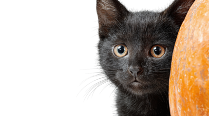 Black kitten peeking shyly from behind a carved pumpkin, adorable Halloween theme, isolated on transparent background 