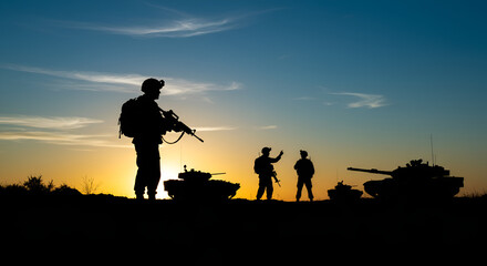 Silhouette of soldiers and military tanks against a dramatic sunset sky, symbolizing war and defense, war and armed conflict. Military troops on patrol at dusk
