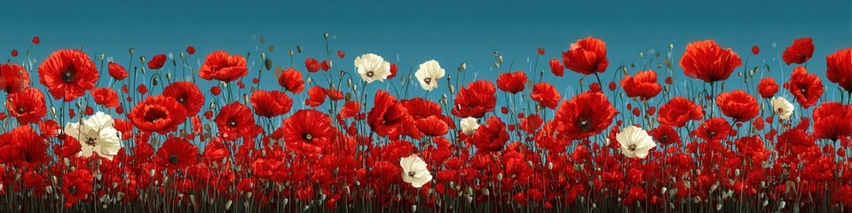 Fototapeta premium A vibrant red poppy field with scattered white blooms under a clear blue sky, creating a visually striking and tranquil summer landscape painting look.
