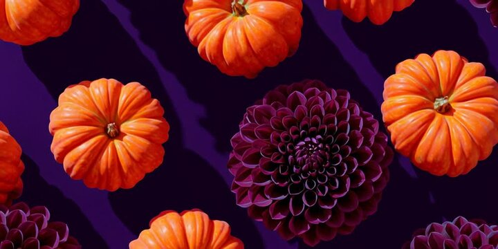 Vibrant orange pumpkins and deep purple dahlias create a stunning visual display, showcasing the interplay of colors and textures in a beautifully arranged autumn scene