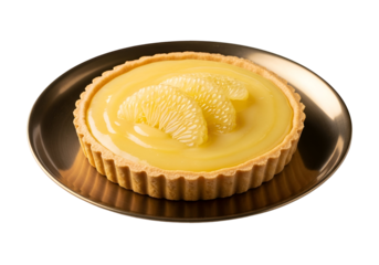 A delectable lemon tart, showcasing a vibrant yellow custard filling topped with segments of fresh pomelo, sits artfully arranged on a gold-toned metal plate against a black backdrop.