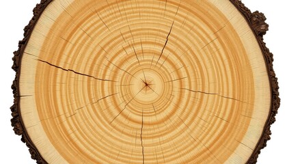 Circular wood slice shows tree rings and bark with texture and small cracks on a seamless white background