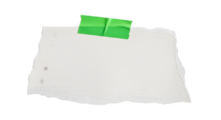 Torn paper note with bright green tape adhesive creative office supplies communication concept isolated on transparent background