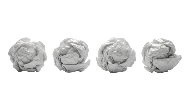 Four crumpled paper balls isolated representing ideas mistakes or creative process isolated on transparent background