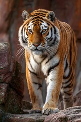  majestic tiger walking on rocky terrain in natural light