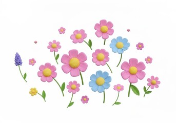 Naklejka premium Stylized floral arrangement on white pink, blue, yellow blooms with green stems, one lavender sprig, and tiny dot accents