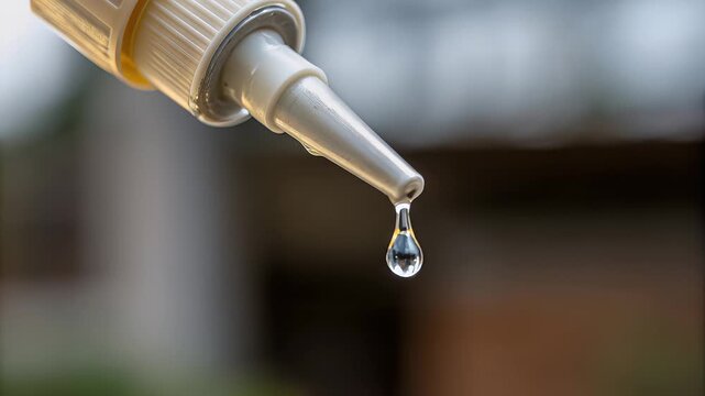 Calm macro closeup of clear glue drop hanging from plastic nozzle tube tip, precision applicator focus adhesive drip, repair tool detail with clean