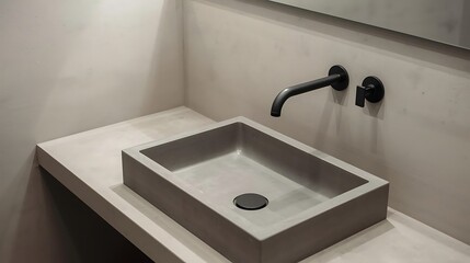 Fototapeta premium Minimalist bathroom with concrete sink, matte black faucet, and neutral walls