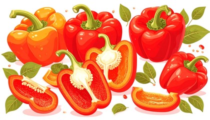 Colorful bell peppers, whole and sliced, with leaves