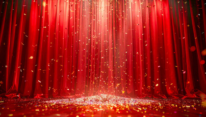 Luxurious red stage curtain with glittering golden confetti under dramatic scratchy spotlight symbolizing glory, victory, celebration, and transformation
