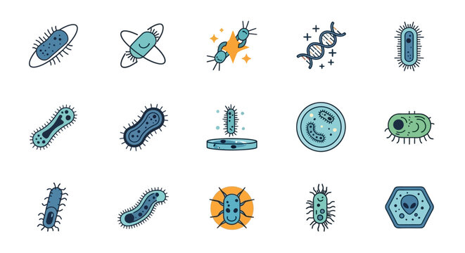 A diverse collection of colorful bacteria and virus icons.