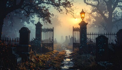 Atmospheric misty graveyard with old tombstones, iron gates, and faint lantern glow, eerie dark photography perfect for horror, gothic, and Halloween themes.