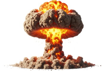 Mushroom cloud explosion with intense fire and smoke debris flying isolate blast detonation impact power