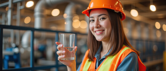 Smiling woman in safety helmet and vest holds glass of water in industrial setting, promoting hydration and safety