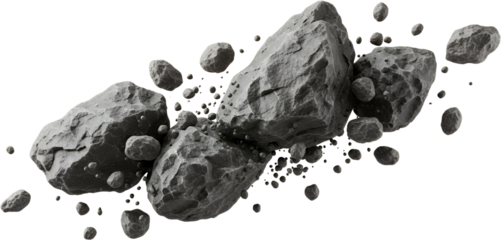 A cluster of grey rocky asteroids and debris floating in space isolate rocks celestial cosmic fragmentation