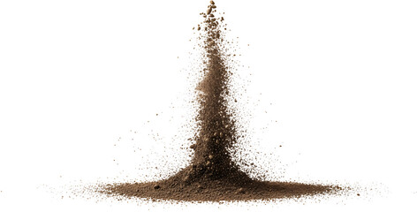 Pile of loose brown earth and small stones falling upwards from a base abstract particle explosion dirt transparent background
