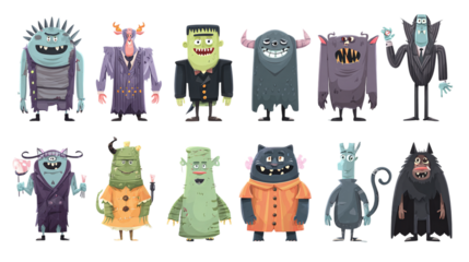 Creepy cartoon character collection in flat style, Halloween set, isolated on transparent background 