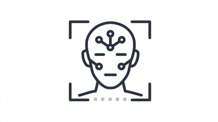 Simple line art icon depicting facial recognition.  A head within a square frame, connected to a network, suggesting identification and analysis