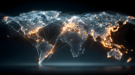 World interactive map displaying global network of users. Futuristic technology transformation. Banner.
