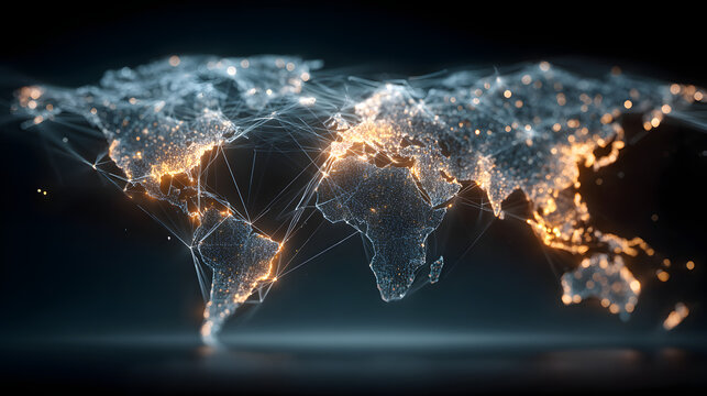 World interactive map displaying global network of users. Futuristic technology transformation. Banner.