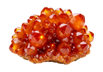 A cluster of vibrant orange crystals, meticulously showcasing facets and highlights, sits against a stark black backdrop.
