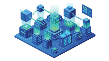 Obraz premium Isometric data center connecting digital blocks represents cloud computing and networking in a futuristic, interconnected world.