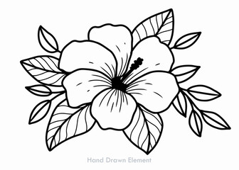 Hand-drawn illustration of a hibiscus flower with surrounding leaves, presented in a clean, black and white line art style.