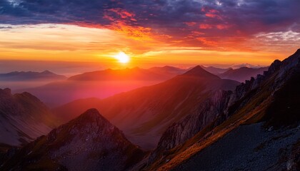 Naklejka premium Dramatic Mountain Landscape At Fiery Sunset