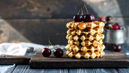 Stacked waffles drizzled with honey and cherries