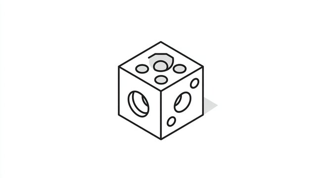Isometric line drawing of a cube with circular cutouts and a shadowed base