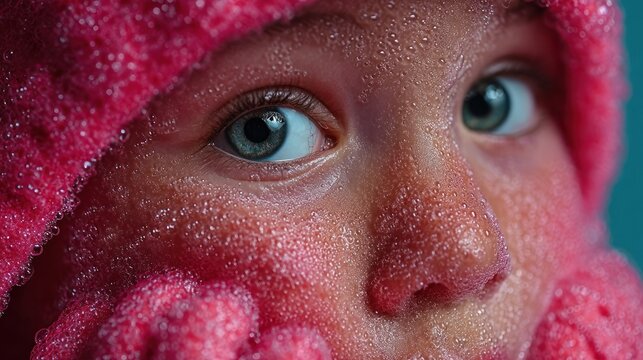 A child gazes curiously with droplets of water on their rosy cheeks and cozy pink hat