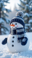 Obraz premium Cheerful snowman wearing blue and white striped hat and scarf stands in snowy landscape, surrounded by evergreen trees