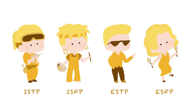 MBTI性格タイプのキャラクター かわいい手描きイラスト ISTP, ISFP, ESTP, ESFP