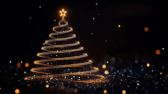 Golden Christmas tree outline shines against a dark backdrop with shimmering lights, capturing the essence of the festive season