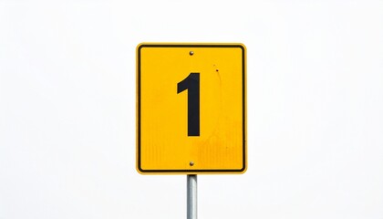 Yellow rectangular sign with bold black number “1” centered, mounted on metal pole against plain white background, used for location or sequence marking.
