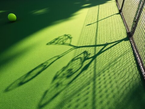 Shadow of padel racket on green turf with sunlight overhead - Powered by Adobe