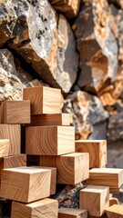 Stacked wooden blocks against a stone wall (1)