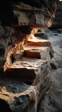Sunset lights up rocky steps to the sandy shore, crafting a serene view