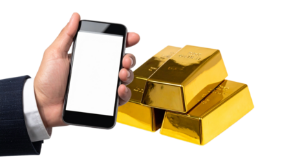 A hand holding a smartphone and gold bars, showcasing digital financial technology. The image shows a modern connection between technology and wealth