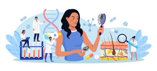 Alopecia and hair problems, baldness. Woman looks sadly at strands of hair in comb. Person feel upset because of hair loss. Dermatologist diagnosis health problem, lack of vitamins, amino acids