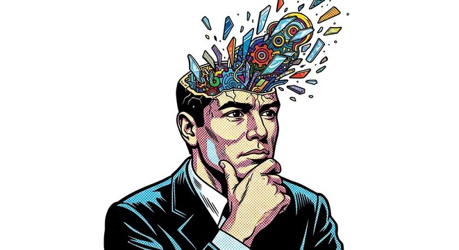 Man Thinking with Exploding Mind of Colorful Abstract Ideas - Pop Art Illustration