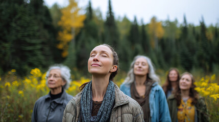 A group of women with their eyes closed taking a deep breath outdoors in a field of yellow flowers and a forest background.