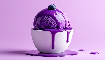 Purple ice cream scoop in white cup with matching syrup pouring over, set against light purple background.