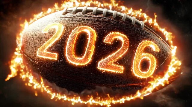A flaming football with the new year 2026 on dark background, welcoming the start of sport season