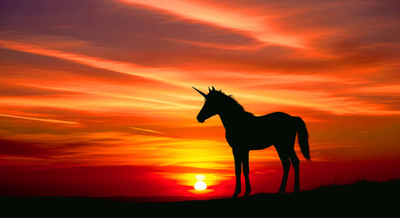 Fototapeta premium Silhouette of a majestic unicorn against a vibrant sunset sky