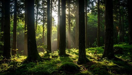 Fototapeta premium Sunlight streams through a dense forest (4)